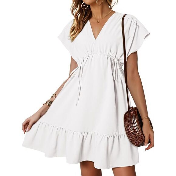 NEW White Short Sleeve V Neck Drawstring Ruffle A-Line Mini Dress M - Picture 1 of 6
